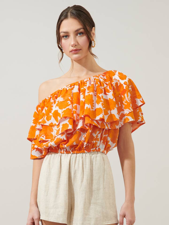 Tangelo Charmer top met ruches en één schouder voor wholesale door Sugarlips