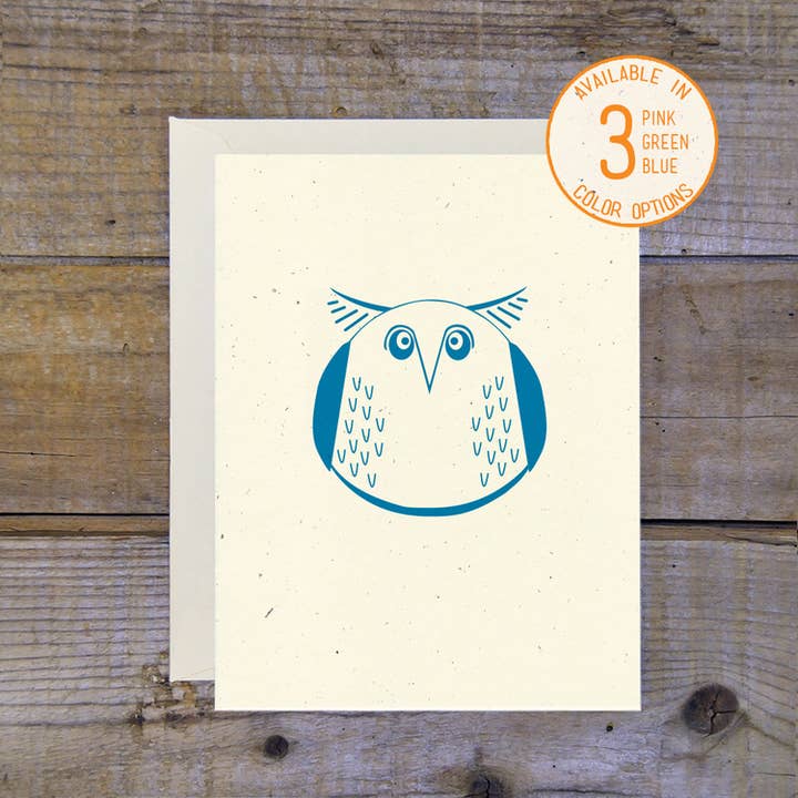 Owl Card (Blue, Green or Pink) for wholesale by Troy Cloth & Paper