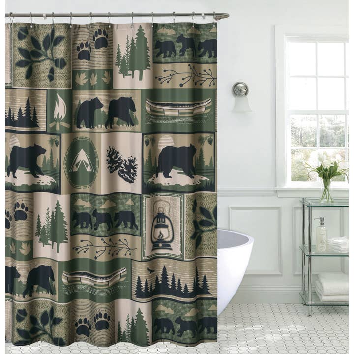 De Leon Collections - Wholesale Shower Curtain - Bear Camp Patchwork Black Bear Decorative 72” Shower Curtain