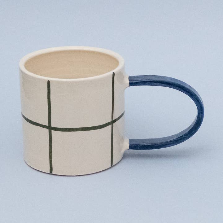 Blue handle checkered mug for wholesale by Odeon Studio