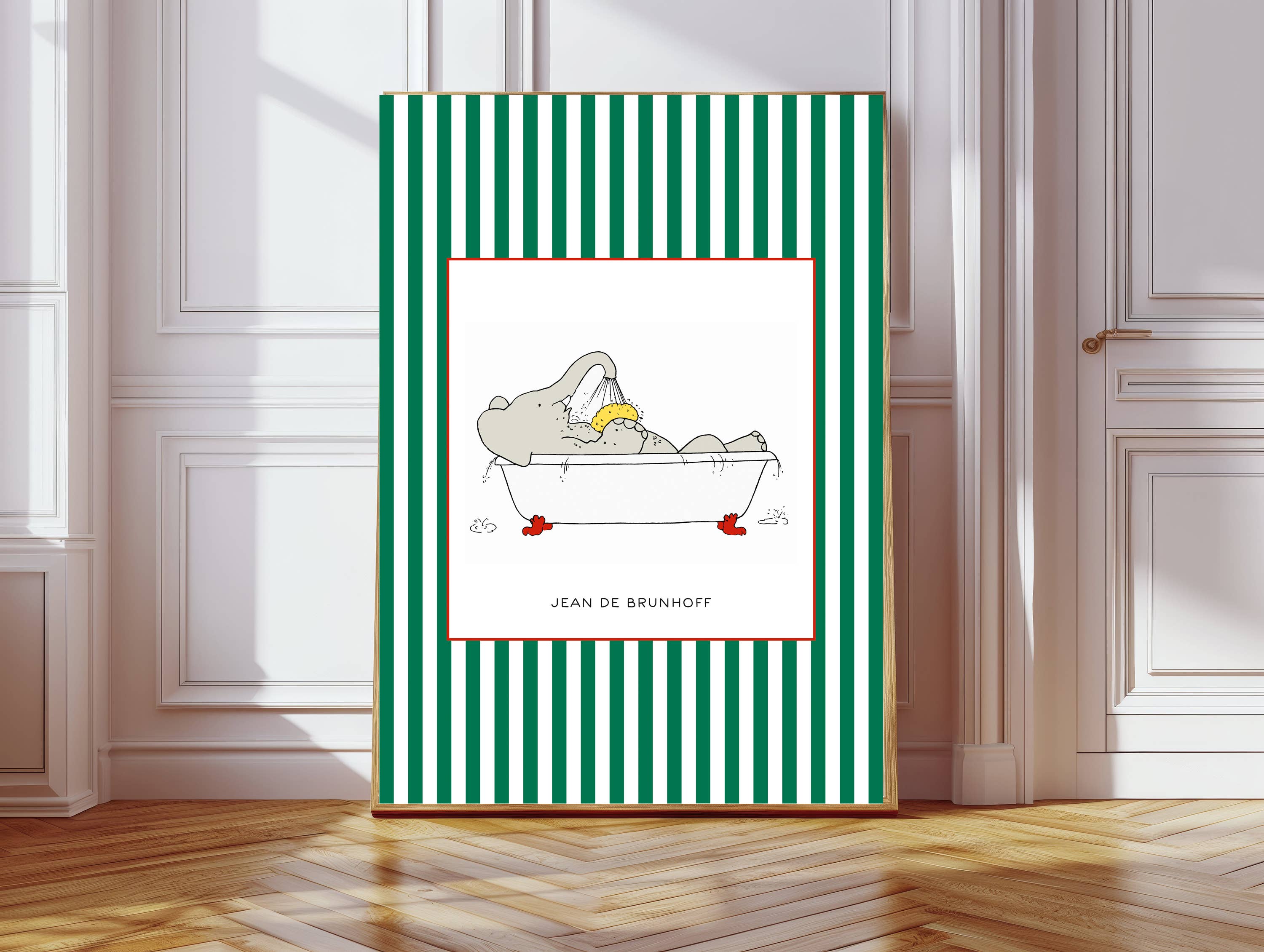 Kumo Art Prints - Vente Affiche d'art – enfant et bébé - Impression artistique de bain de Babar rayé vert pour la crèche0