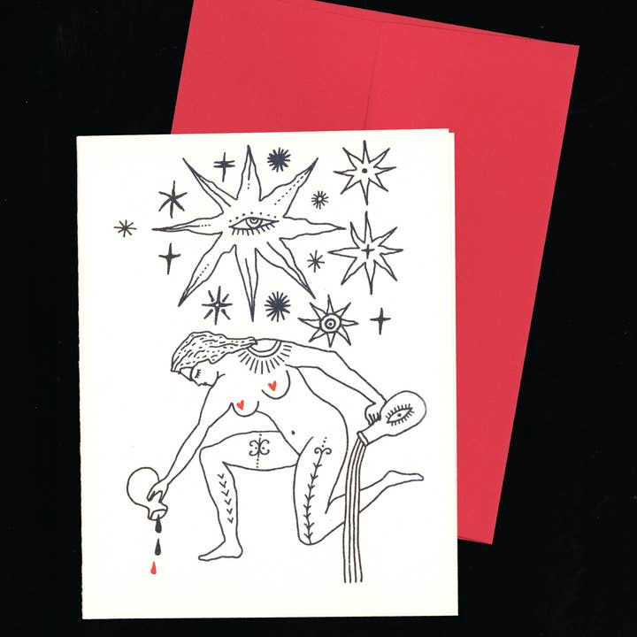 Himmelsk Kvinde og Stjerner Risograf Trykt Kort for engroshandel hos Back of Beyond Press