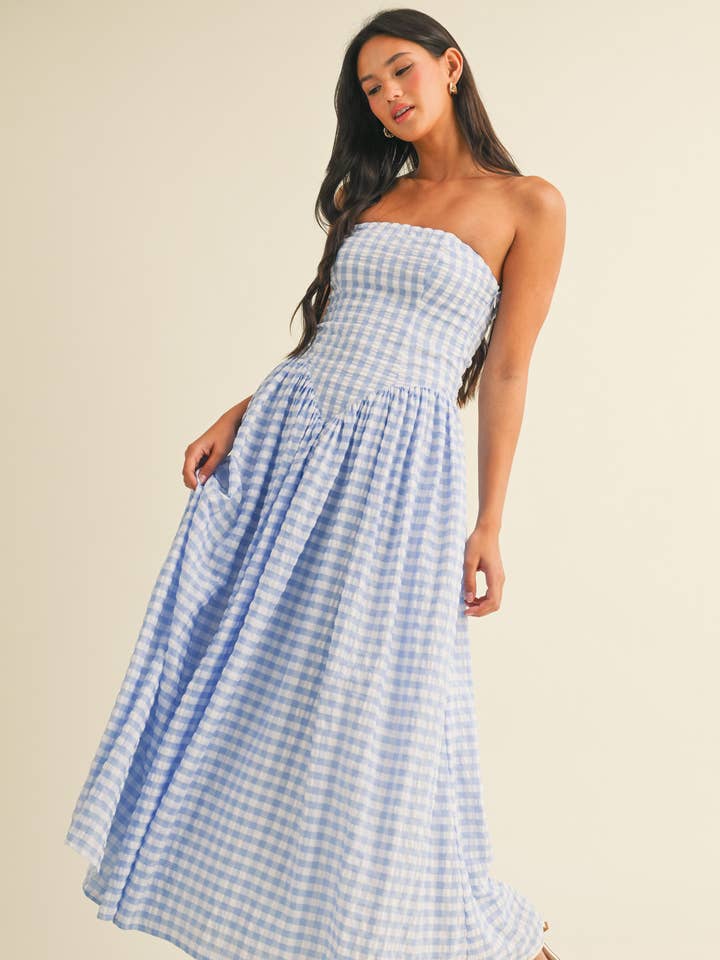 Klesis - Wholesale Dress - Women's - ID9088 GINGHAM DROPWAIST STRAPLESS MAXI DRESS