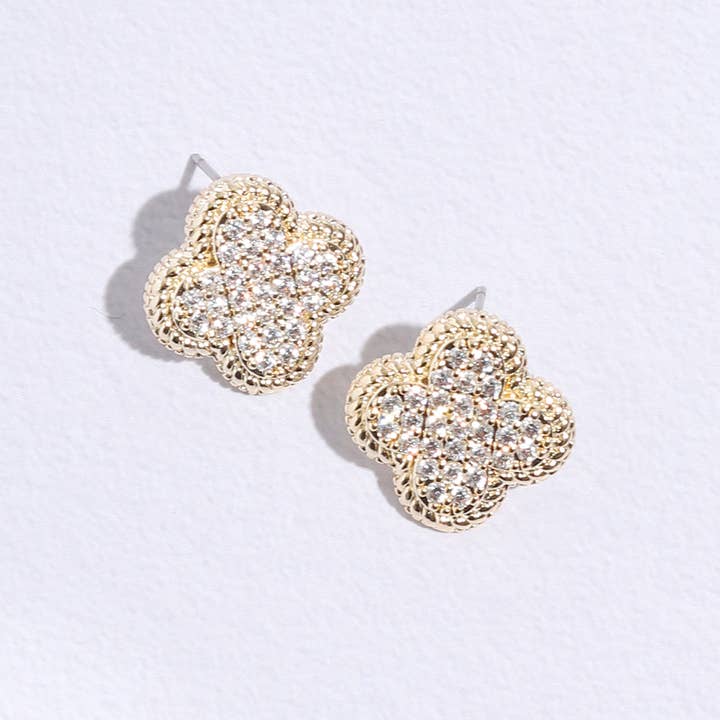MULTI Gold Plated CZ Clover Two-Tone Post Earrings for wholesale on Faire