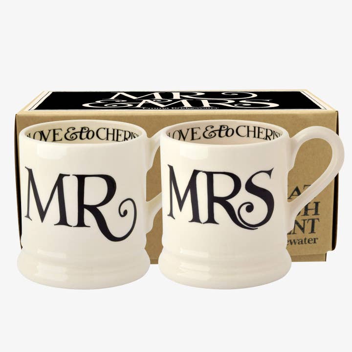 Black Toast Mr & Mrs Set of 2 1/2 Pint Mugs Boxed for wholesale by Emma Bridgewater