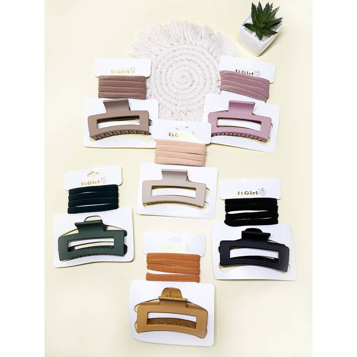 ASSORTED COLOR Tone Tone Rectangle Hair Claw and Hair Tie Set for wholesale on Faire1