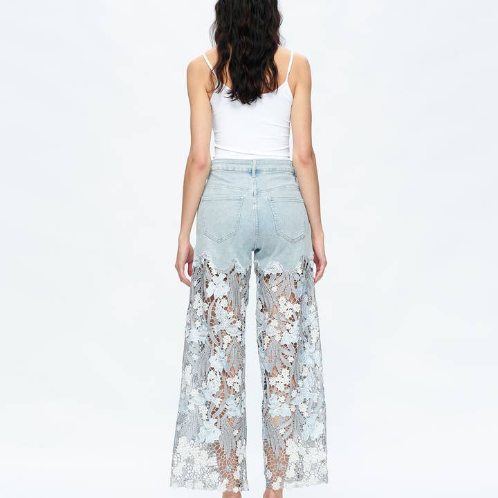 LESLEY BLUE HIGH RISE WIDE LEG JEANS WITH LACE SPLICED BYW8090 for wholesale on Faire