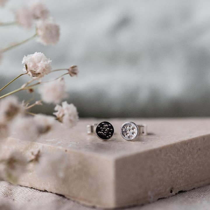 Dappled Moon Silver Stud Earrings for wholesale by Anna Calvert Jewellery