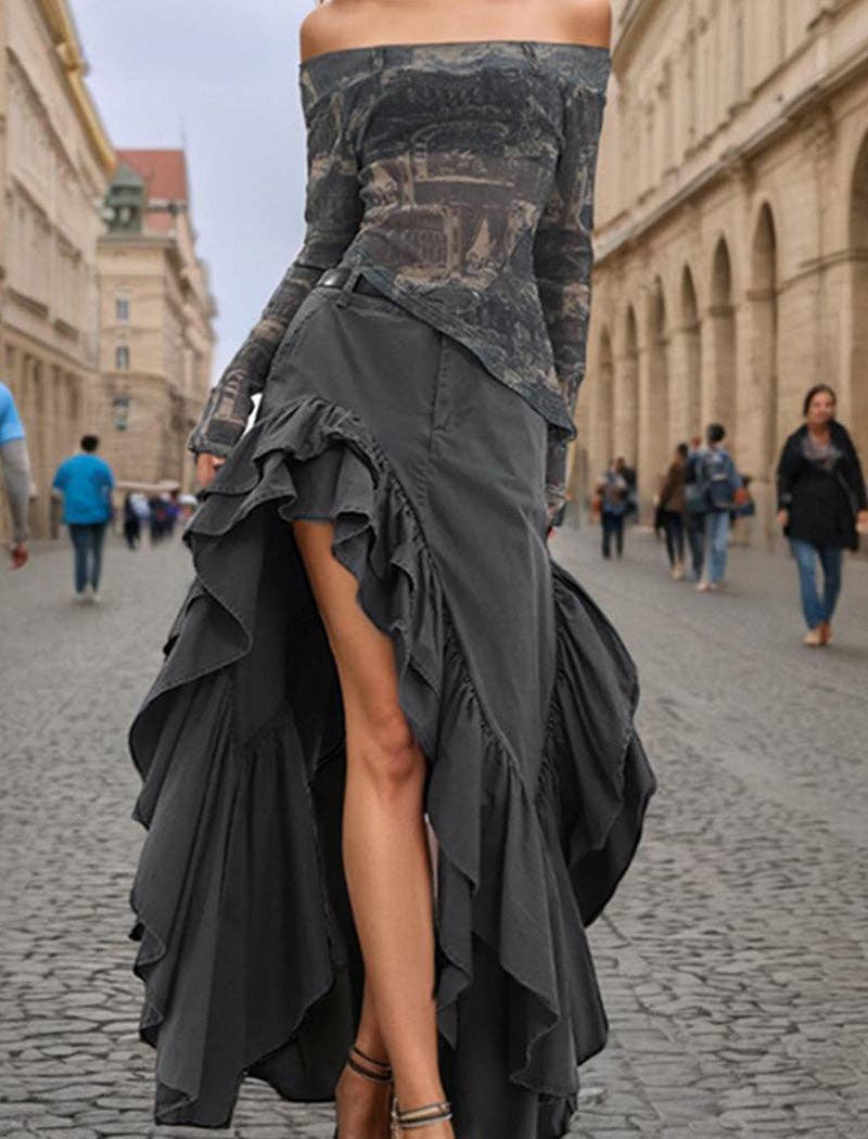 GREY Asymmetrical Ruffle Split-Hem Maxi Skirt for wholesale on Faire11