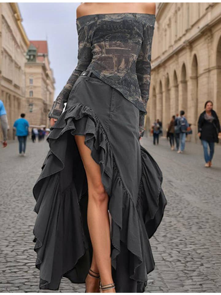 GREY Asymmetrical Ruffle Split-Hem Maxi Skirt for wholesale on Faire11
