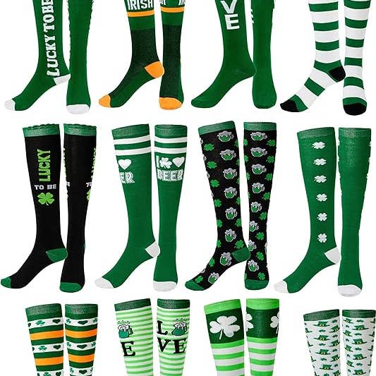 12 Paar Damen-Kniestrümpfe mit Kleeblattmotiv zum St. Patrick's Day für den Großhandel von Gilbin