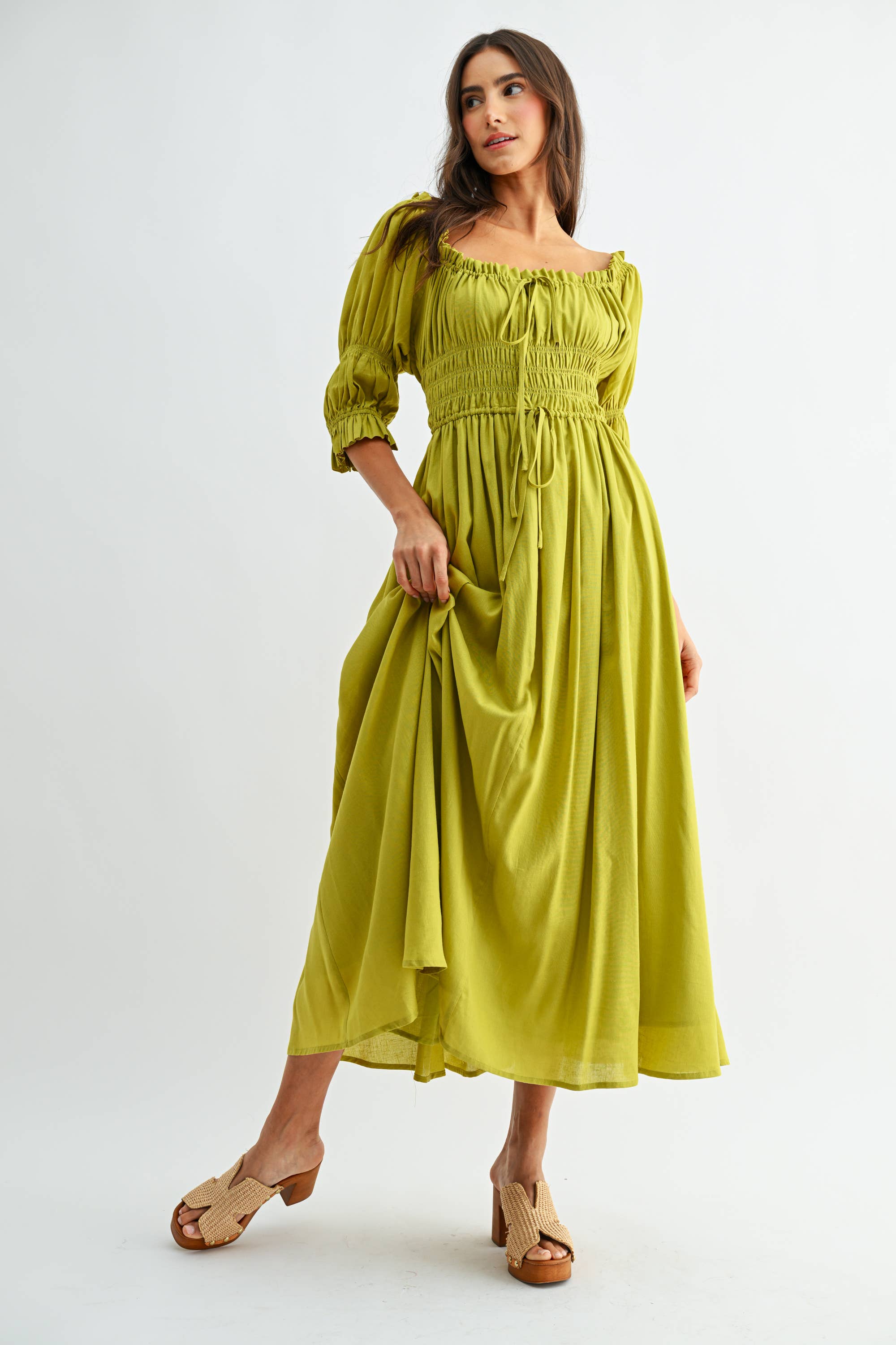 Camellia - Vente Robe – femme - ROBE MIDI ÉPAULES DÉNUDÉES SMOCKÉE JUPE PLISSÉE CD2516416