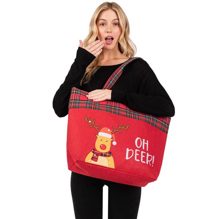 Red Oh Deer Letter Reindeer Christmas Tote Bag for wholesale on Faire1