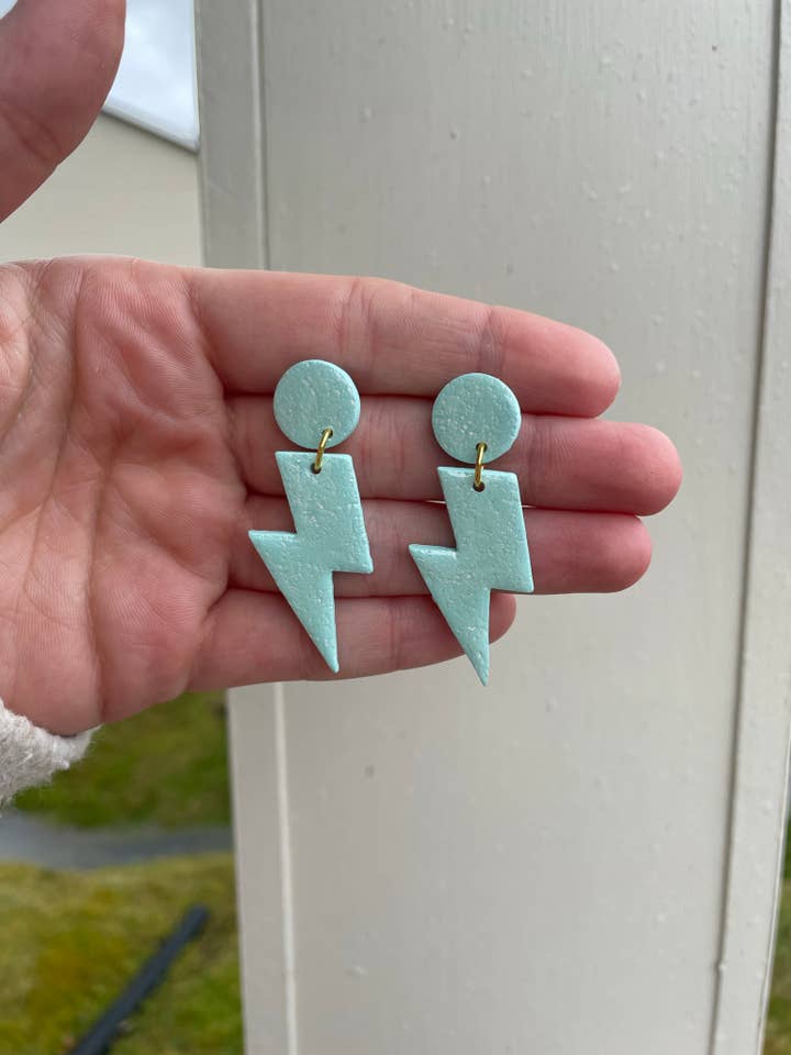 Pearl Blue Lightning Bolt | Dangle Clay Earrings for wholesale by KBH CREATIONS