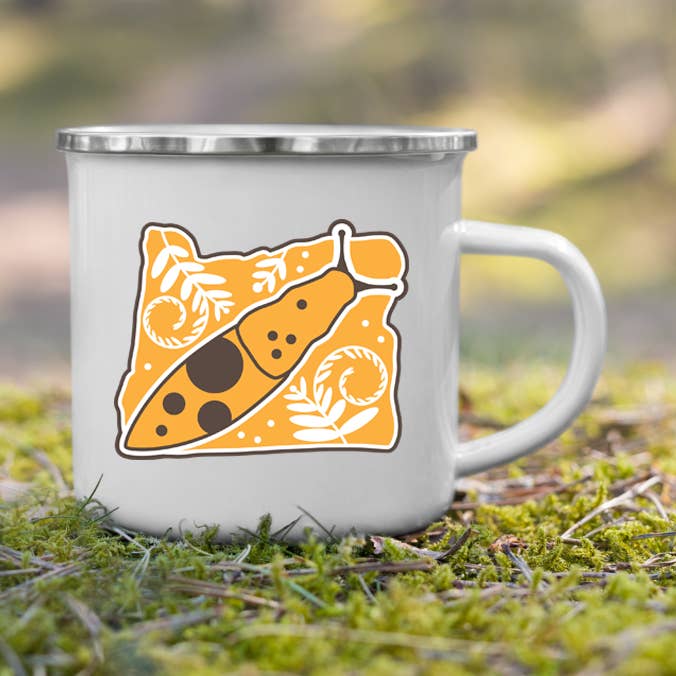 Oregon Elements Banana Slug, Enamel Mug, 12oz for wholesale by Patchmarks