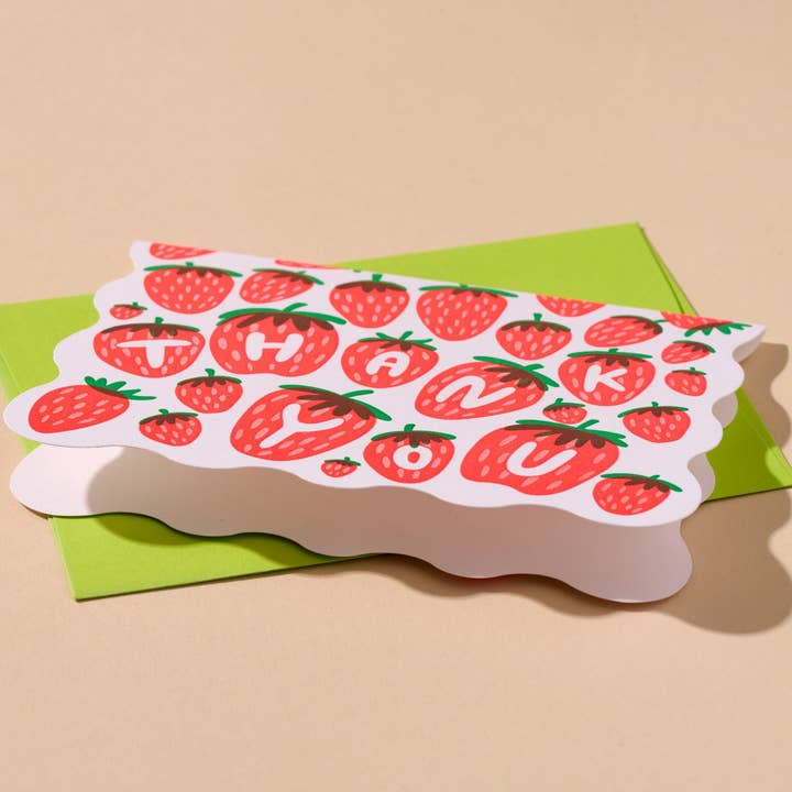And Here We Are - Wholesale Stationery/Notecard Set - Strawberry Letterpress Scalloped Thank You Card Set (10) - Made in USA - Berry, Fruit, Garden - Stocking stuffer, Holiday, Gift Guide3