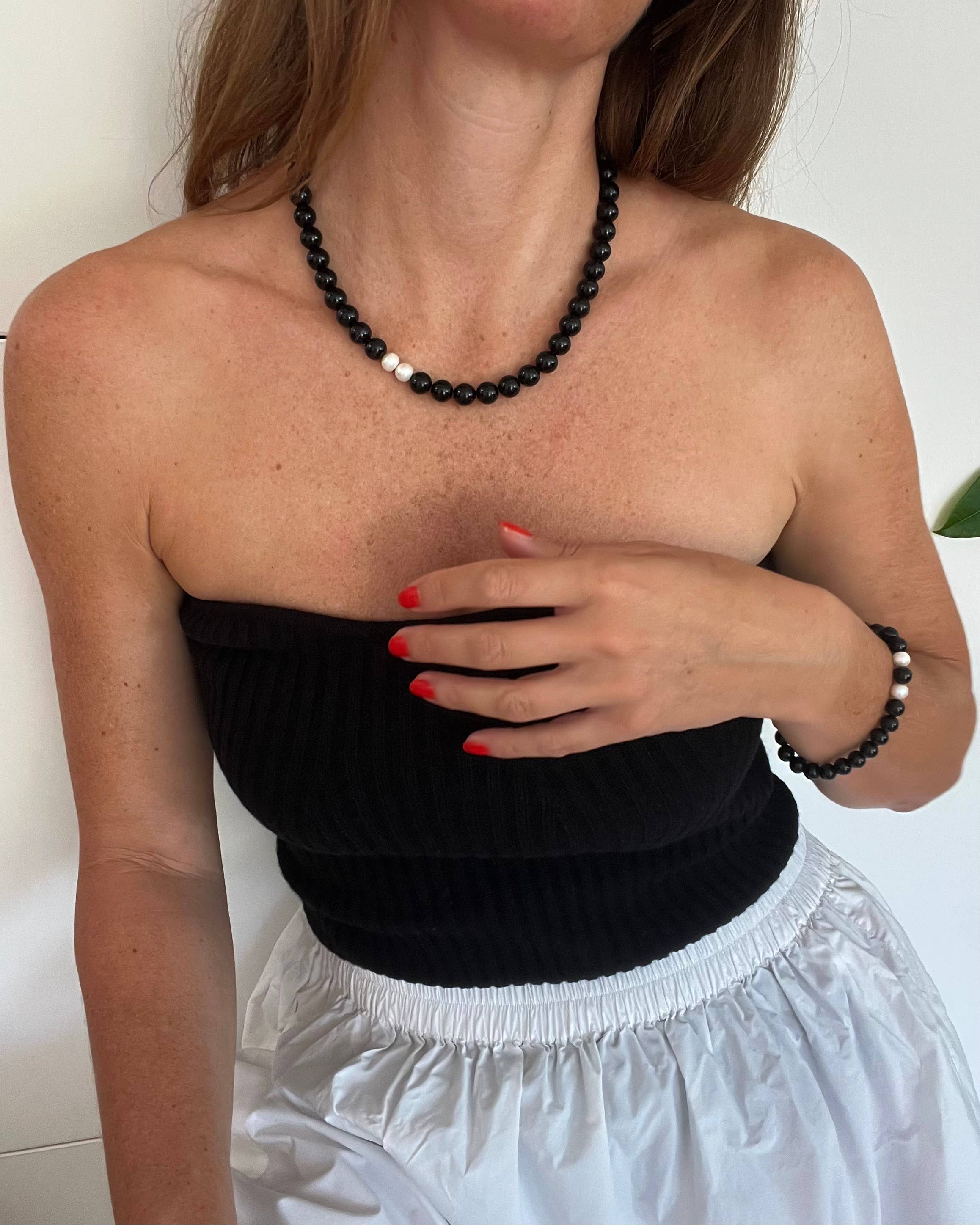 Amaré - Wholesale Beaded Bracelet - Obsidian & Pearl Bracelet – 8mm Beaded Gemstone Jewelry7