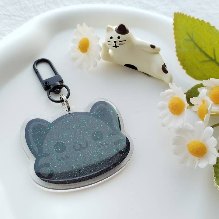 Keychain Acrylic Glitter Epoxy - cute kawaii black cat for wholesale by kristykatko
