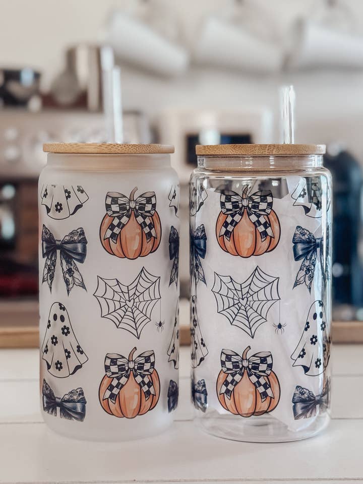 Halloween Ghost & Pumpkin 16oz Glass Cup with Bamboo Lid for wholesale by Emma K Designs