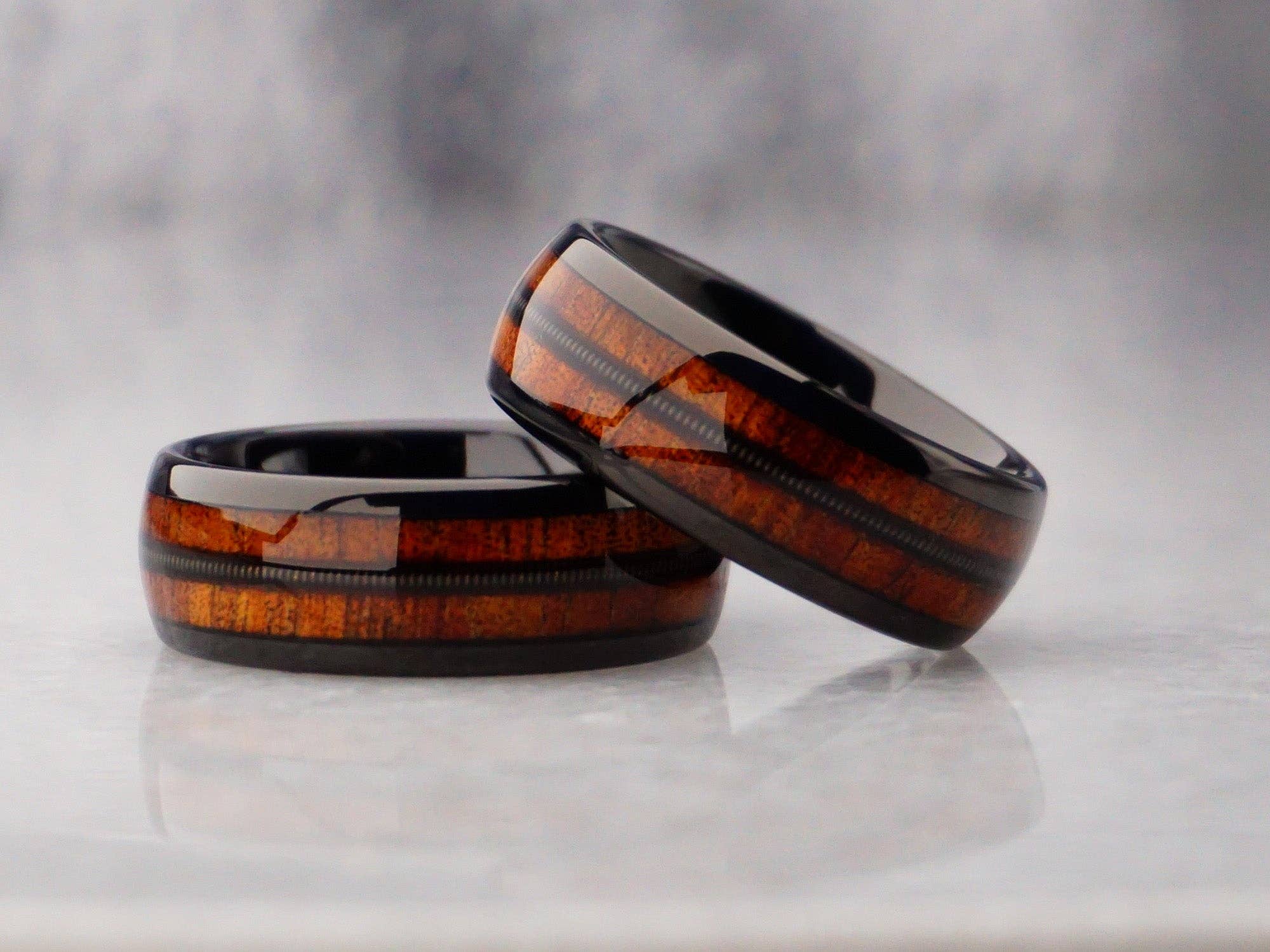 Redwood Rings - Wholesale Band/Stacked Ring - Black Tungsten Ring, Guitar String and Koa Wood Inlay - 8MM5
