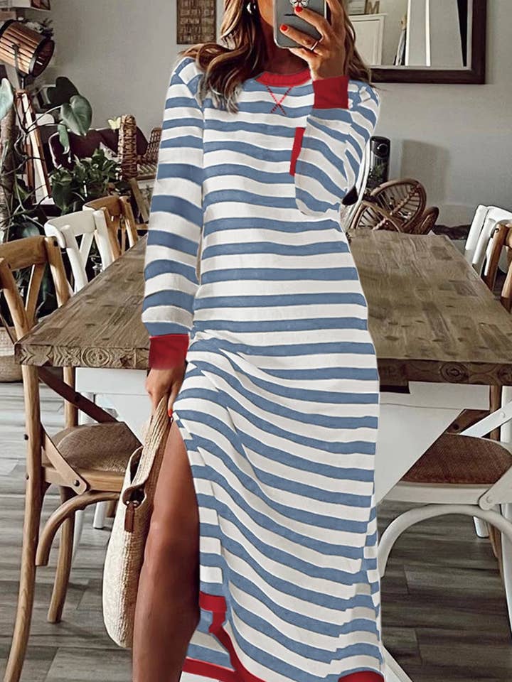 Lovesoft - Vente Robe – femme - Robe midi à manches longues avec imprimé rayé, bord contrasté et fentes latérales.0