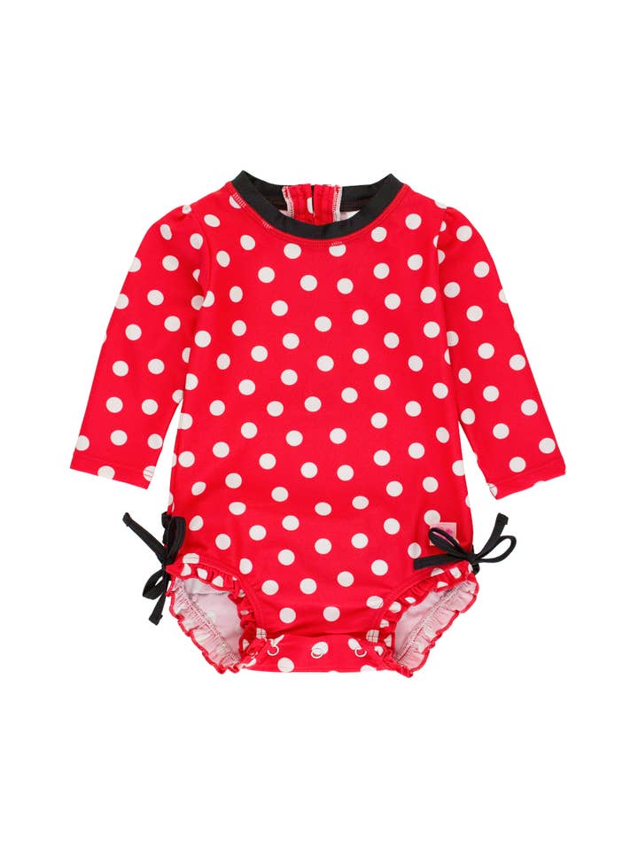 Baby Girls Red Vintage Polka Dot Long Sleeve One Piece Rash Guard Swimsuit with Signature Rear Ruffles
for wholesale by RuffleButts + RuggedButts