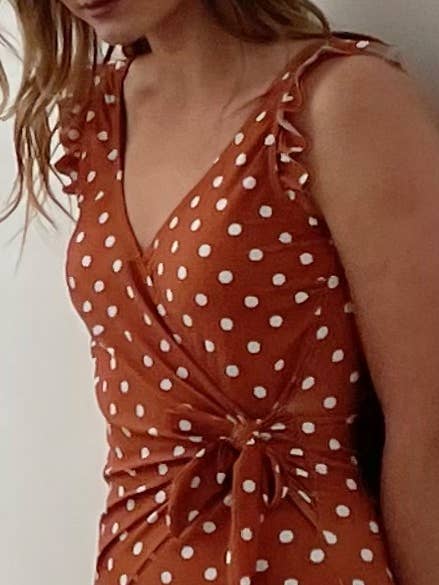 V Neck Ruffle Wrap Tie 1pc-Bric Red Wht Dot for wholesale by MARINA WEST SWIM