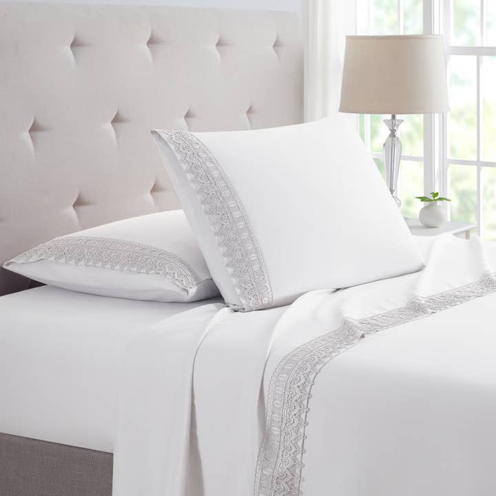 Bed Bath Fashions - Wholesale Sheet Set - Bamboo Lace Crochet Embroidery 4 Piece Sheet Set