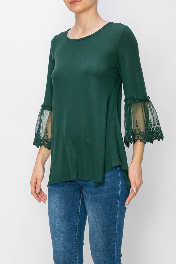 TUNIC TOP WITH LACE SLEEVE TRIMMINGS-4480HUNTER GREEN for wholesale on Faire1