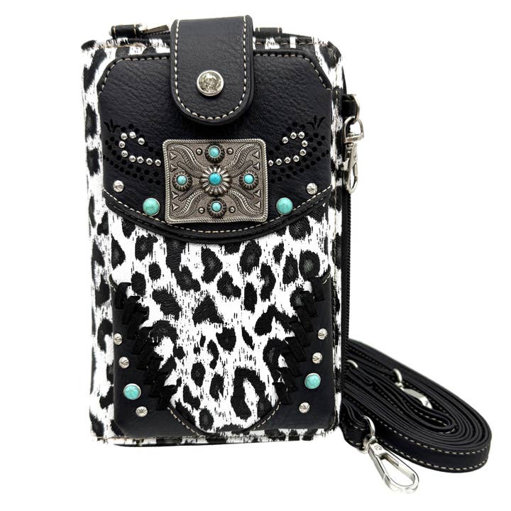 Lunar Deer - Wholesale Phone Wallet - Women's - Rectangle Concho Snow Leopard Print Western Phone Wallet