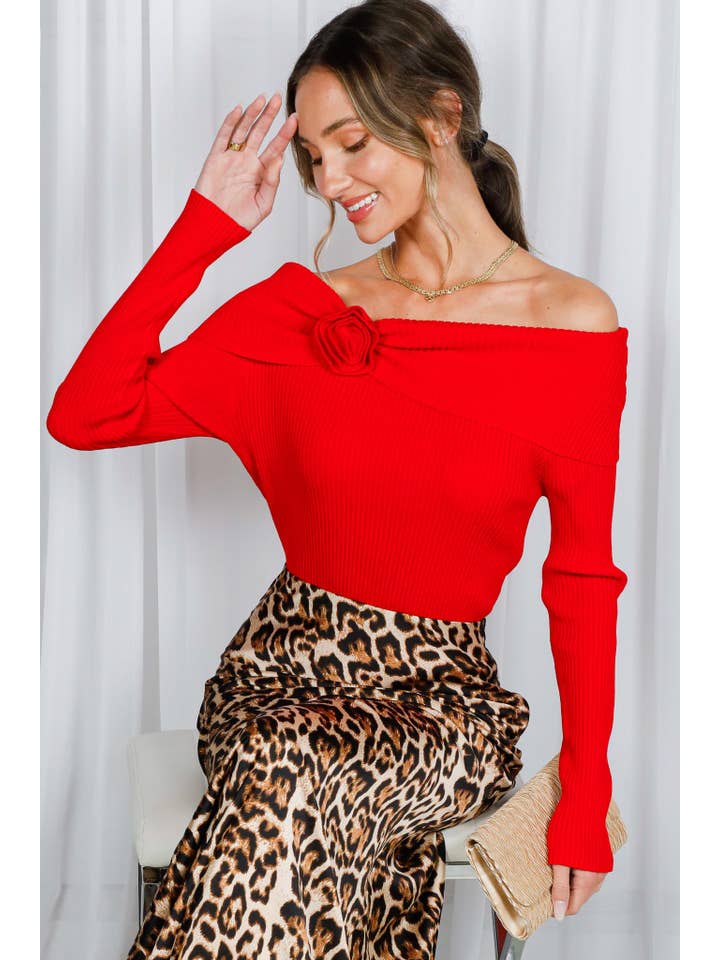 Vine & Love - Wholesale Knit Sweater - Women's - Rose Corsage Off The Shoulder Rib Knitted Sweater VT8259219