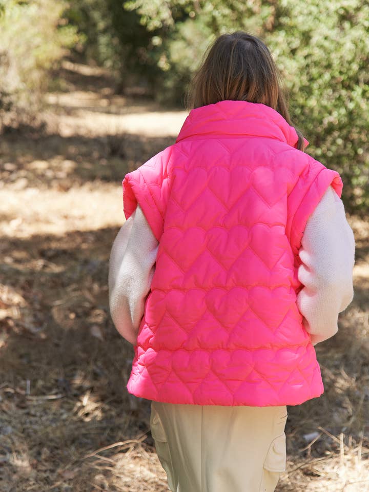 Hot Pink Heart Quilt Stitch Bow Details Zipper Puffer Vest for wholesale on Faire