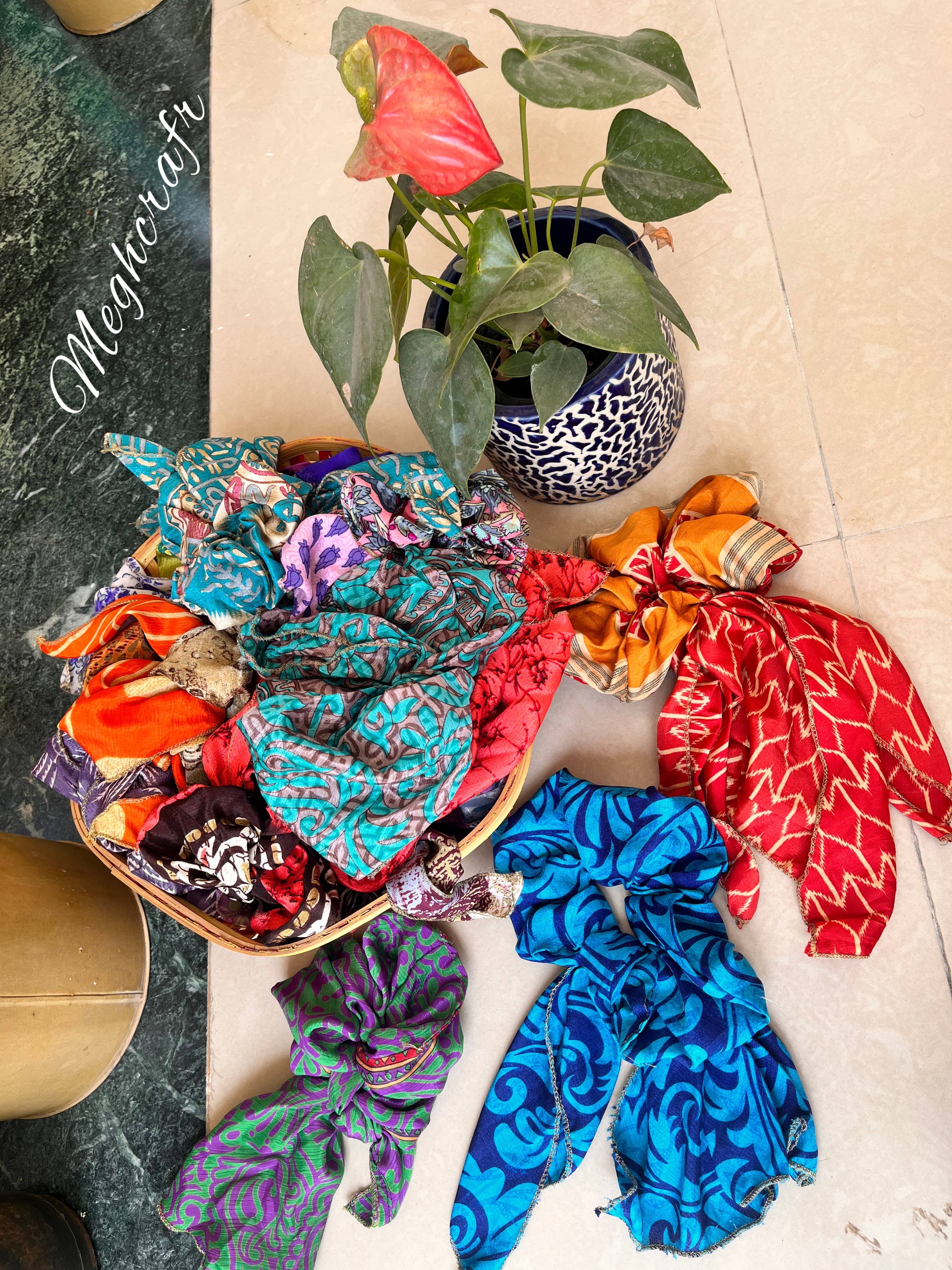 Meghcraft - Wholesale Scrunchie - Women's - Silk Scrunchies with Ribbon, Indian Vintage Recycled Sari14