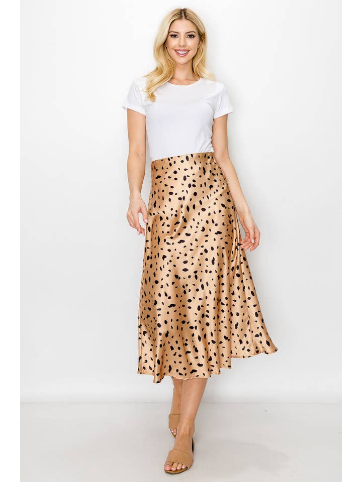 Champagne EP-SK4864 Satin Leopard Print Midi Kjol för wholesale på Faire