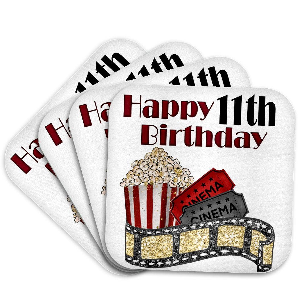 3dRose - Wholesale Coasters - 3dRose, Cute Movie Cinema Themed Happy 11th Birthday, Coaster7