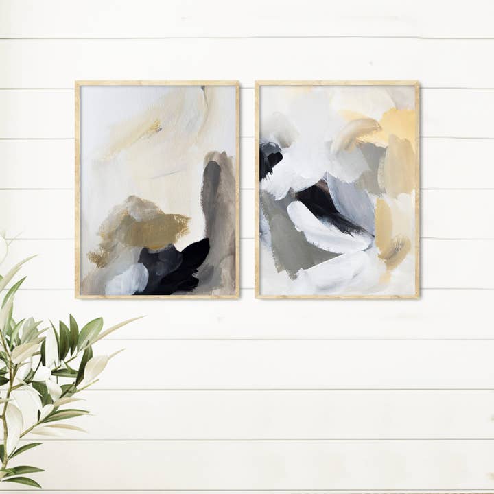Beige, guld och svart uppsättning av 2 abstrakta konsttryck för wholesale av Paper House Print Shop