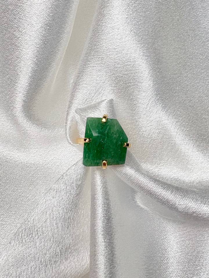 Green Quartz Facet Solitaire Ring – 18K Gold Plated Adjustable Band for wholesale by Aqua Brasil LLC