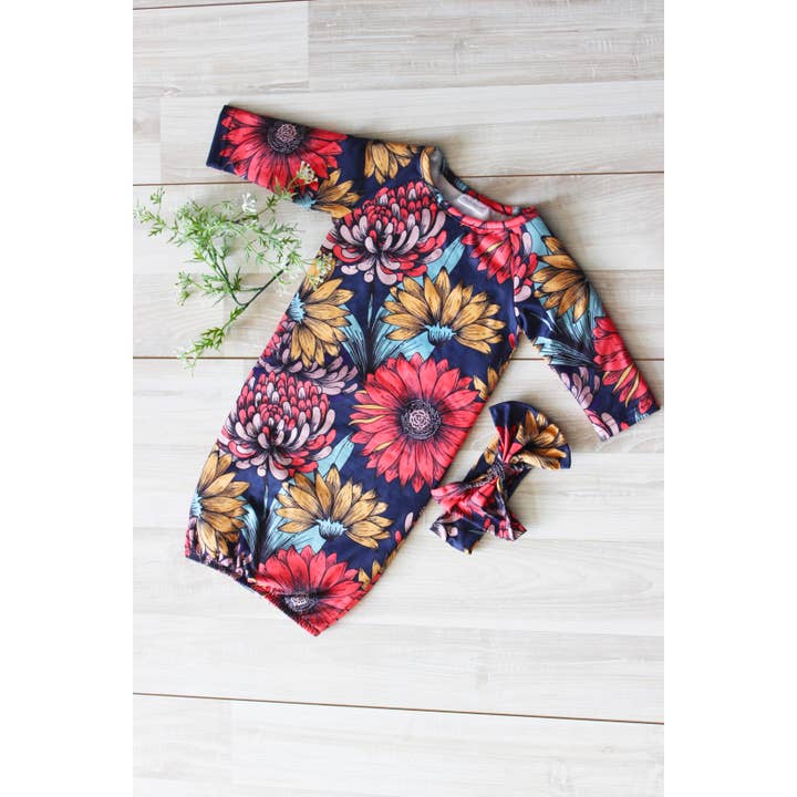 Adorable Sweetness - Wholesale Babygown Set - Baby - Infant Girls Sunflower Baby Gown and Bow Headband
