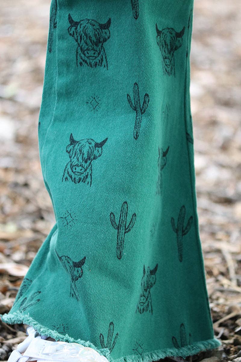 VERT Jean bootcut imprimé vache Highland et cactus du désert. PNG15113006 jeann en vente sur Faire2