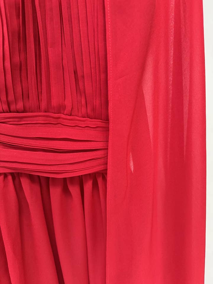 Red DR664Y Flowing Pleated Chiffon Maxi Dress with Cape Detail for wholesale on Faire4