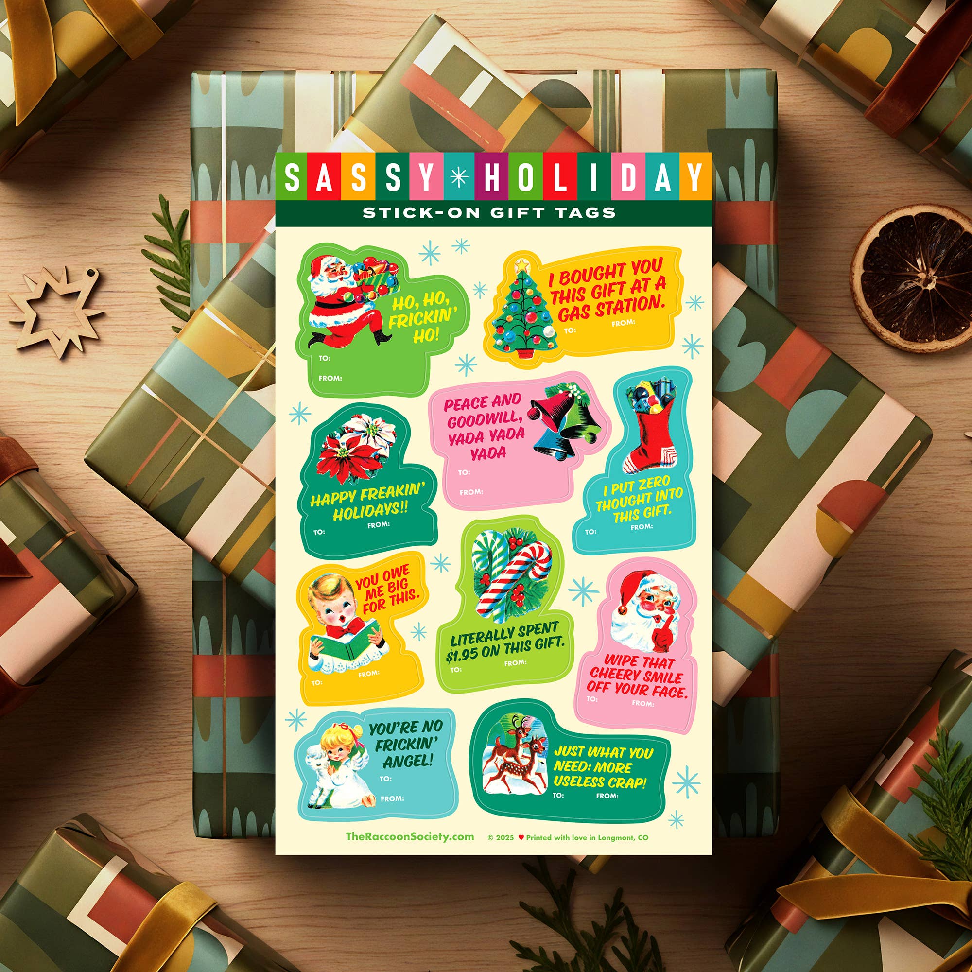 The Raccoon Society - Vente Textes pour étiquette cadeau - Feuille d'étiquettes cadeaux autocollantes espiègles pour les fêtes4