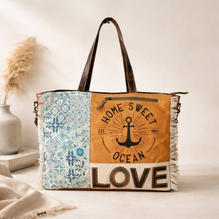 Love Upcycled Canvas & Leather Messenger Bag | Handmade for wholesale by Hopofly Bags