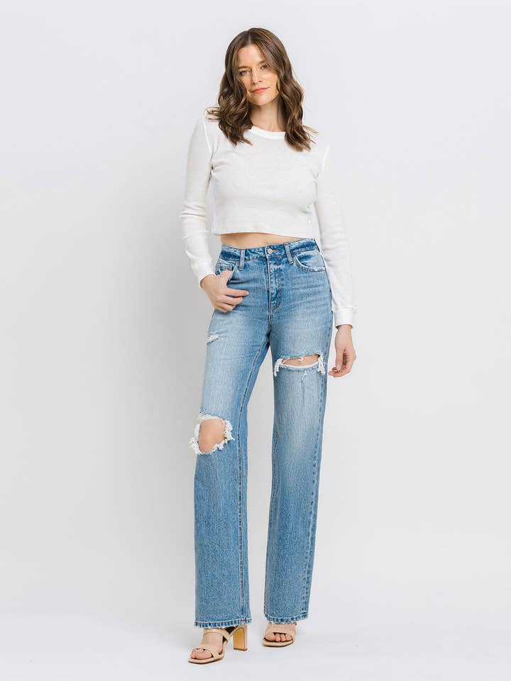 SUPER HIGH RISE DISTRESSED STRAIGHT JEANS T6196 for wholesale by VERVET by FLYING MONKEY
