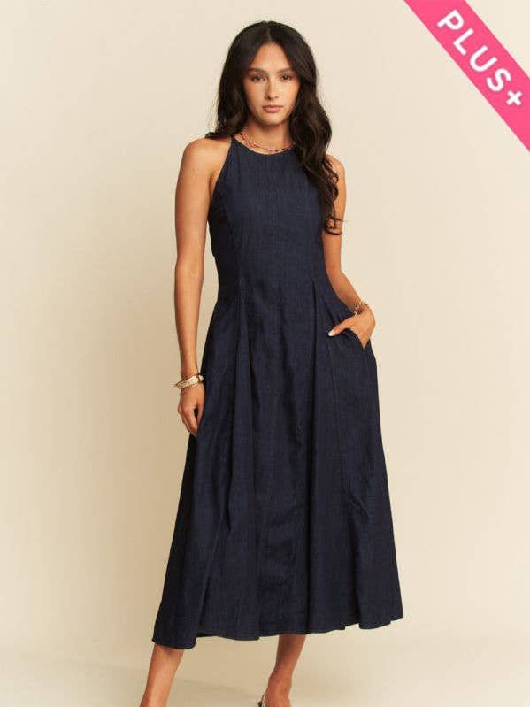 PLUS VASKET DENIM ÆRMEØS FLÆNGE MAXIKJOLE for engroshandel hos Halftee Layering Essentials