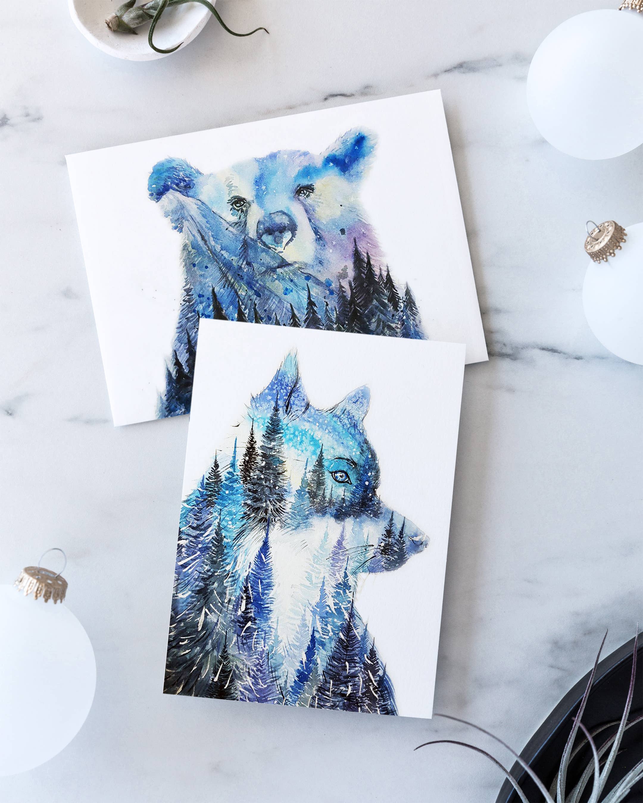 Elena Markelova Arts - Wholesale Everyday Greeting Card - Aurora Bear Northern Lights Night Sky Watercolor Art Card3
