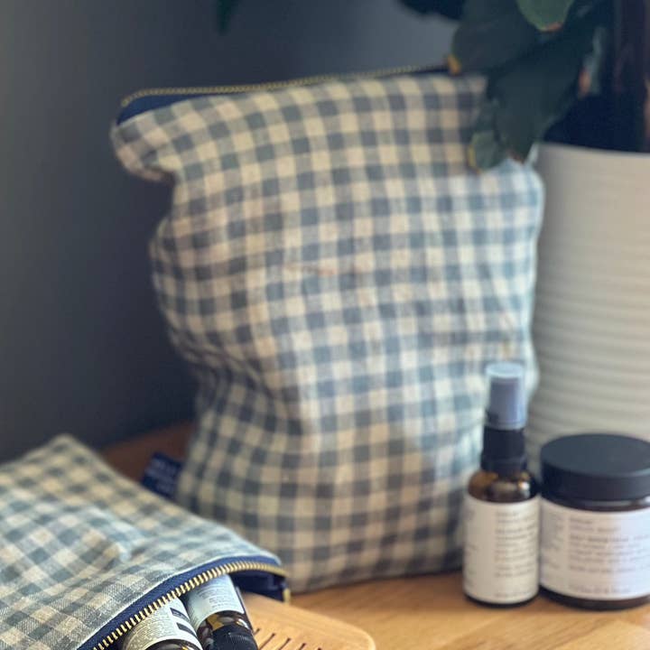 Linen Makeup Bag, Waterproof Lining, Sea Green Check Bag for wholesale by Helen Round - hand printed linen and bamboo wellness