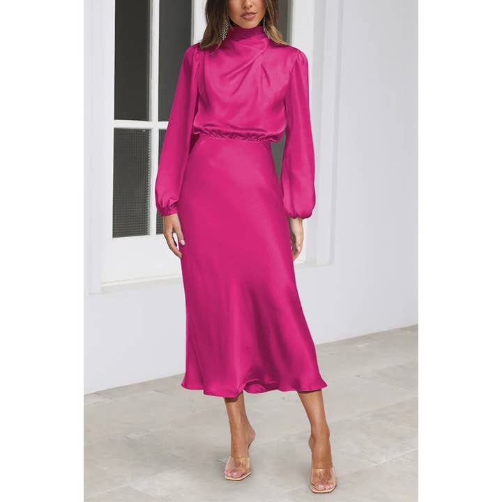 Hoogwaardige satijnen avondjurk met lange mouwen voor wholesale door Paperdoll