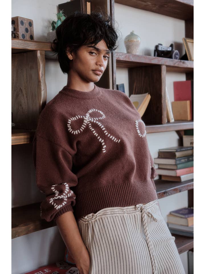 Promesa USA - Wholesale Knit Sweater - Women's - Solid Bow-Embroidered Bubble-Sleeve Sweater15