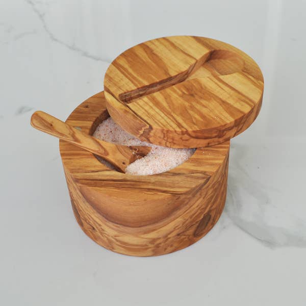 Naturally Med Inc. - Wholesale Kitchen Utensil Set - Olive Wood Salt Cellar with Magnetic Lid and Inset Spoon