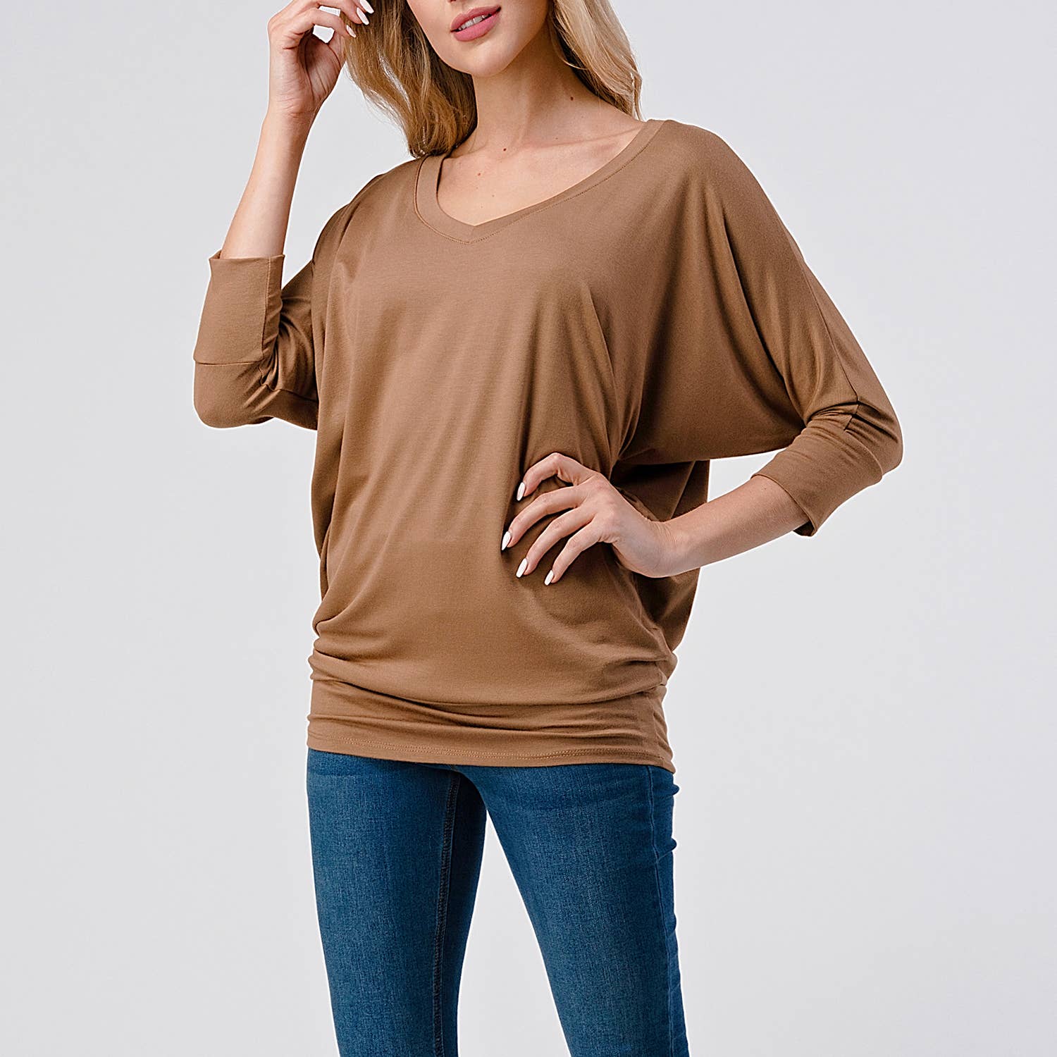 Heimious - Wholesale Knit Top - Women's - 3/4 Dolman Sleeve V-neck Modal Jersey Top, 257341
